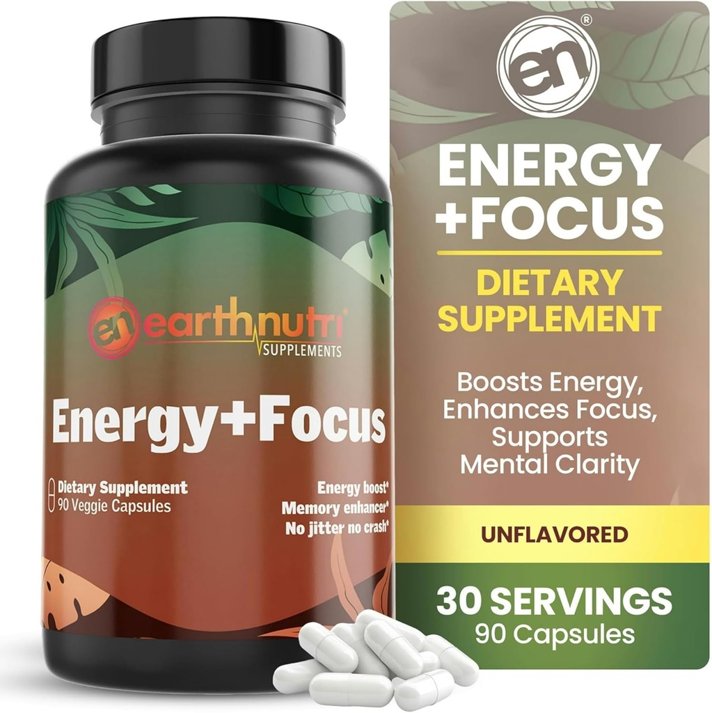 EarthNutri Energy + Focus Supplement - Energy Boost & Memory Enhancer met PeakO2, AlphaSize, Cognizin, PurCaf, Theacrine, Acetyl L-Carnitine en L-Tyrosine - 3 capsules per portie