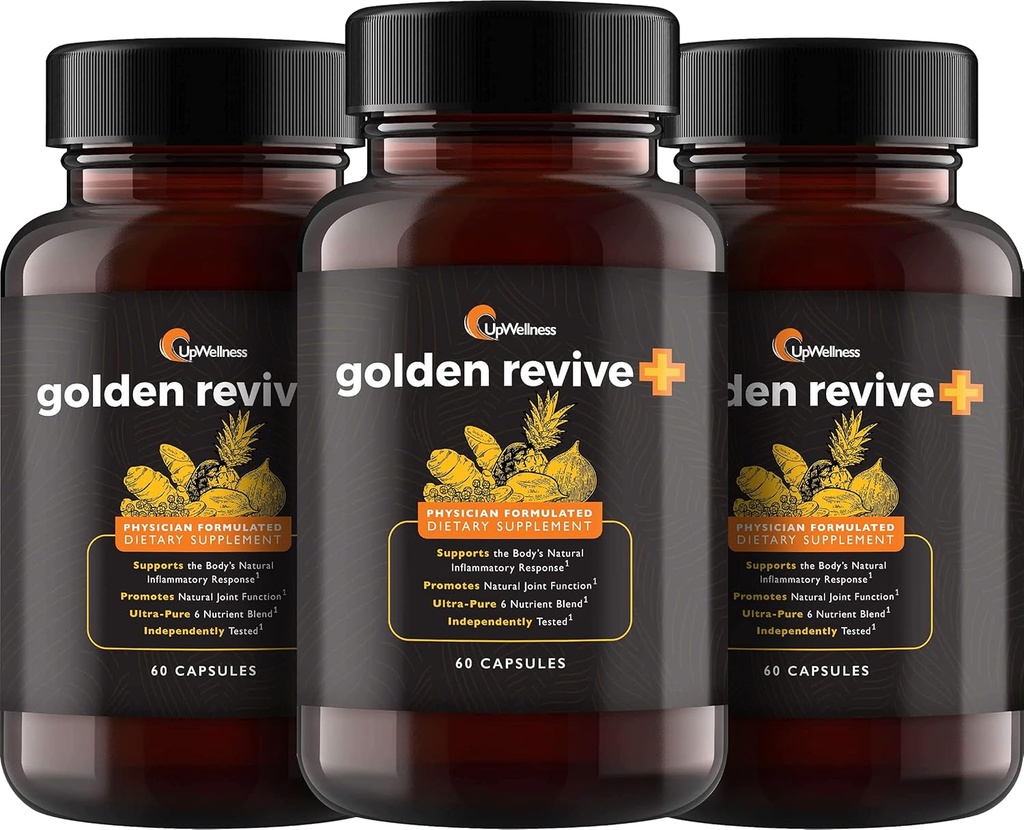 UpWellness Golden Revive + Joint Support Supplement met Kurkuma met zwarte peper, quercetine, en Magnesium- Turmeric Boswellia supplement - 6 actieve ingrediënten - 60 capsules, 3 verpakkingen