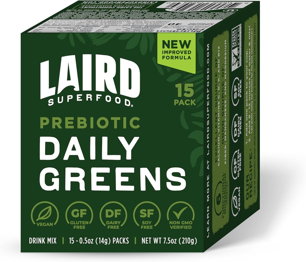 Laird Superfood Prebiotic Daily Greens Powder - Pack of 15 Single Serve Sachets - Essential Vitamins & Minerals - Fiber, Adaptogen & Fruits, Fruits & Gruits Ondersteunt Gut Health