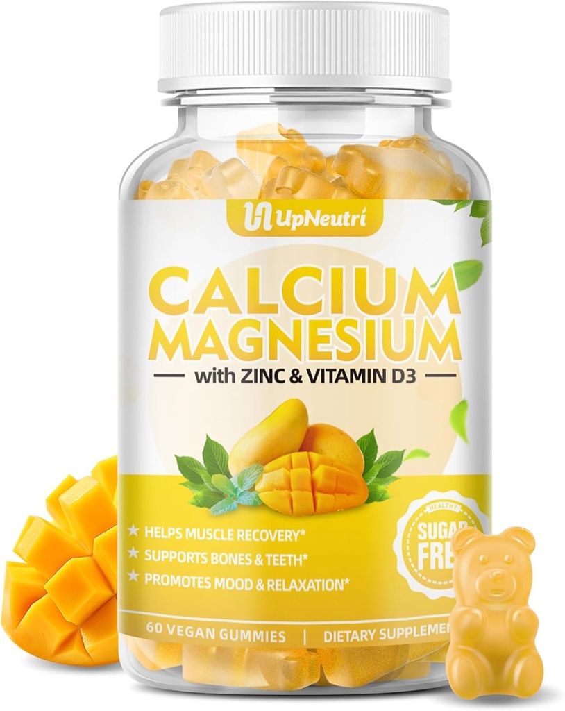 Calcium Magnesium Zink met Vitamine D3 Supplement, Suikervrije Calcium Gummies voor Vrouwen Mannen, Hoge Absorptie Zink Gummies voor Bot & Muscle & Immune Health, Vegan Mango smaak - 60 Tel.