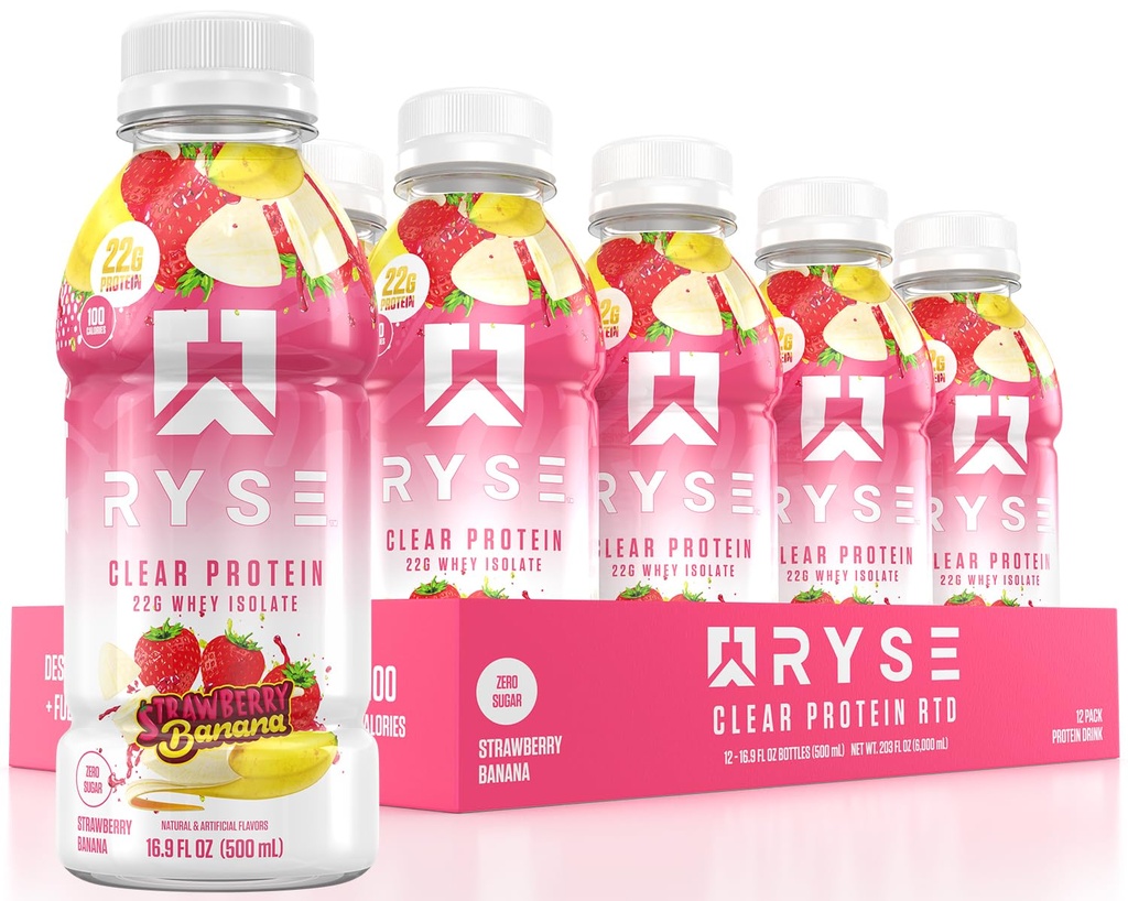 RYSE Clear Protein Drink - Strawberry Banana - 100 Calorieën, 22g Wei Isolaat Proteïne Shake, Sugar-Free, 0g Fat & Lactose-Free - Ready-to-Drink Drank Drank - 16,9 floz Flessen (12-pack)