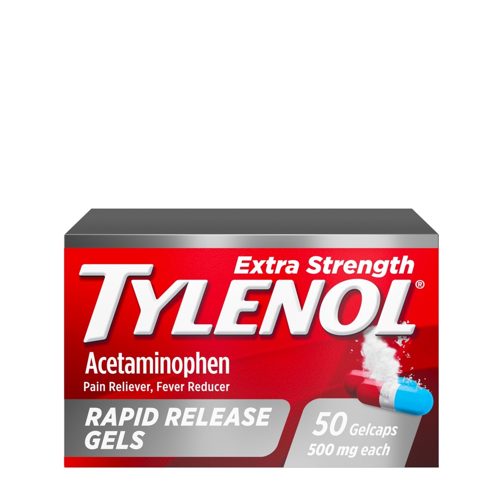 Tylenol Extra sterkte Acetaminophen Rapid Release Gels, Extra sterkte pijn Reliever & koorts Reducer, Gelcaps met Laser-Drilled Holes, 500 mg Acetaminophen, 50 ct
