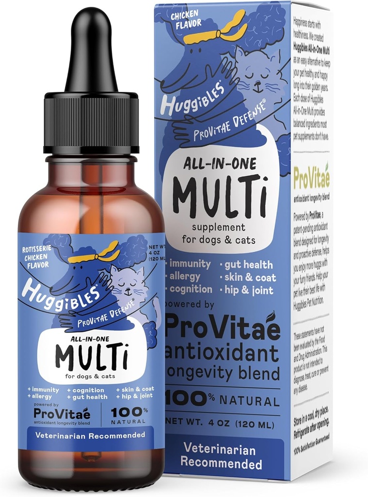 All-in-one Multi Liquid Multivitamine voor honden en katten Dagelijkse supplement met Digestief, Immuniteit, Allergie & Skin & Coat Support, Mobiliteit Ondersteuning, Antioxidant Blend voor Longevity, 4oz