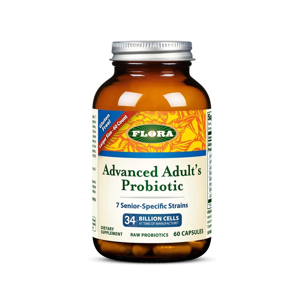 Flora - Advanced Adult's Blend Probiotic, Seven Senior-Specific Strains, Glutenvrij, Raw Probiotic met 34 miljard cellen, 60 capsules