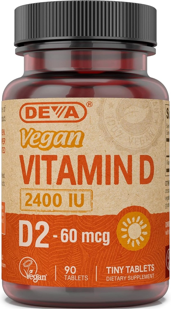 Deva Vegan Vitamine D2 60 mcg 2400 IE, Ergocalciferol Supplement zonder dierlijke ingrediënten, 90 tabletten, 1-pack