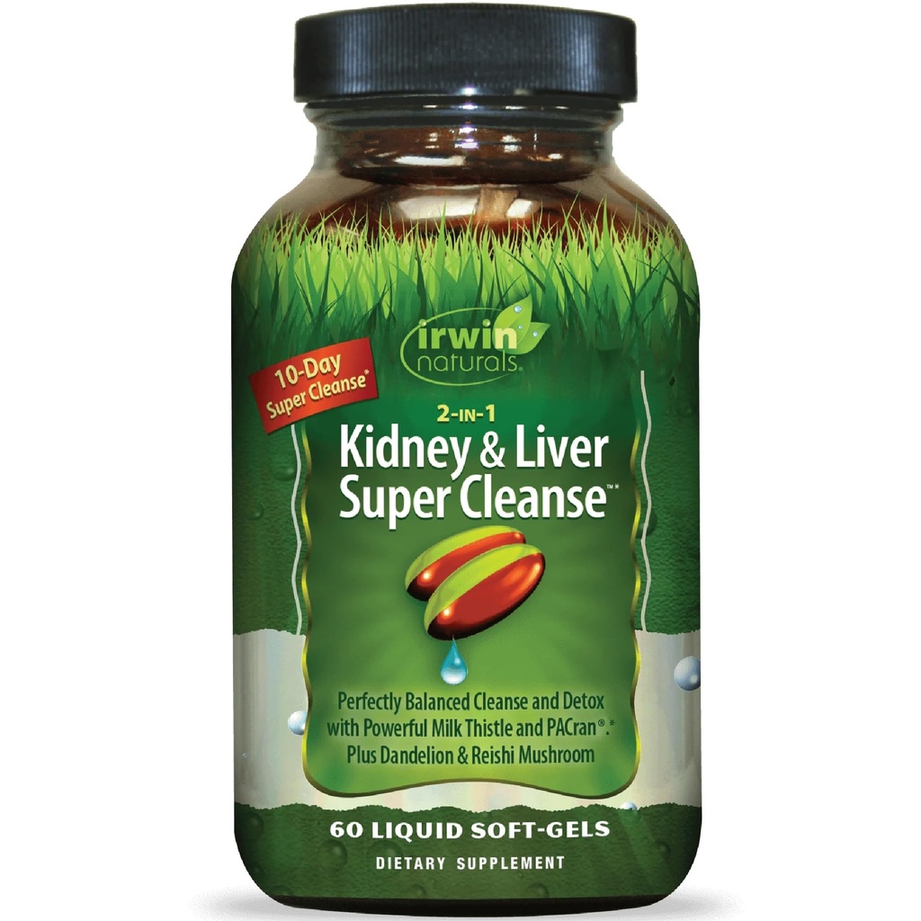 Irwin Naturals 2-in-1 Nier en lever Super Cleanse - 60 Liquid Softgels - High-Powered, Whole-Body Support Formula met Visolie, Zink, Magnesium en Kalium