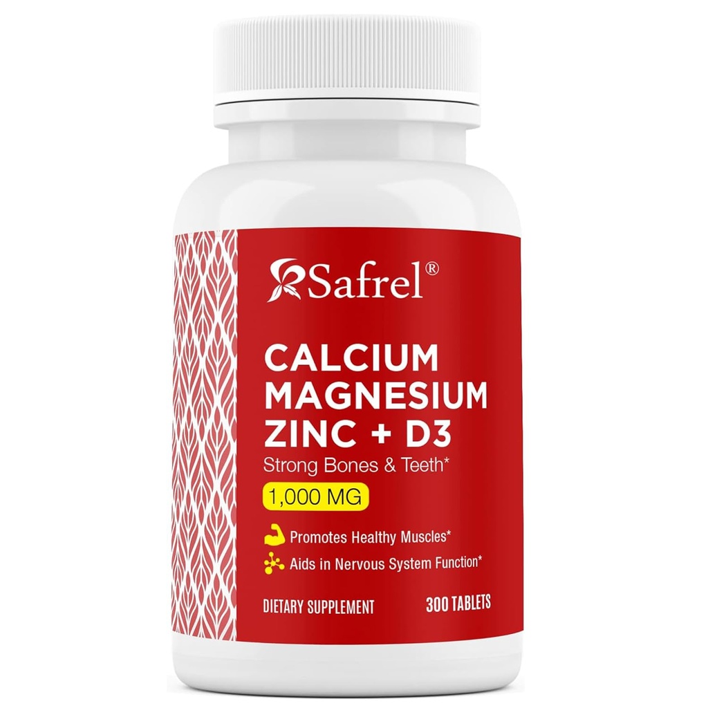 Safrel Calcium Magnesium Zink met Vitamine D3, 300 tabletten - Calcium 1000 mg, Magnesium 400 mg, Zink 20 mg & D3 600 IE per portie