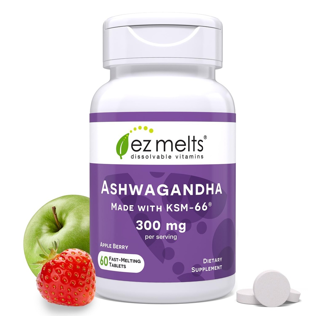 EZ Melts Dissolvable KSM-66 Ashwagandha, 300 mg, Sugar-Free, Stress, Sleep and Mood Support Supplement, 30-Day Supply, Apple Berry-Flavor - 1 Pack