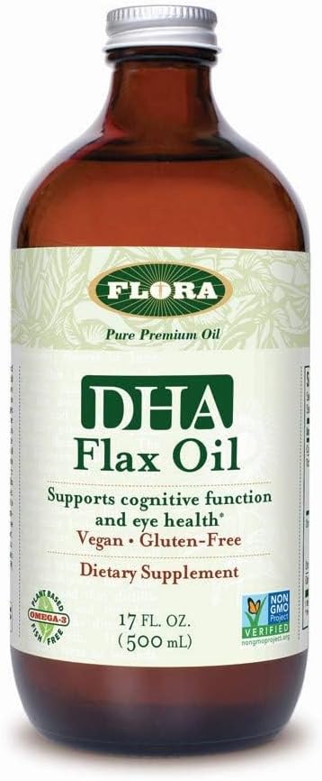 Flora DHA Flax Oil - Supports Brain Health - Contains Vegan Omega-3-6-9, Gluten-Free, Kosher & Non-GMO - Keep Chilled - Glass Bottle - 17 fl. oz.