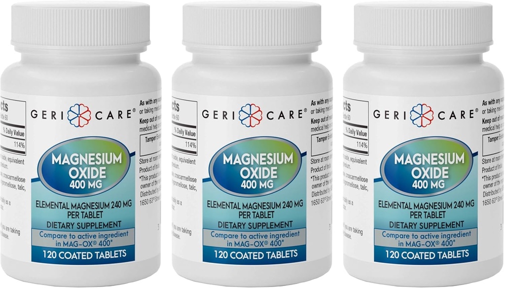 GeriCare Magnesiumoxide supplement 240 mg elementair magnesium, 120 tabletten, essentiële minerale ondersteuning, bevordert bloedvatgezondheid, botsterkte en spierfunctie (verpakking van 3)