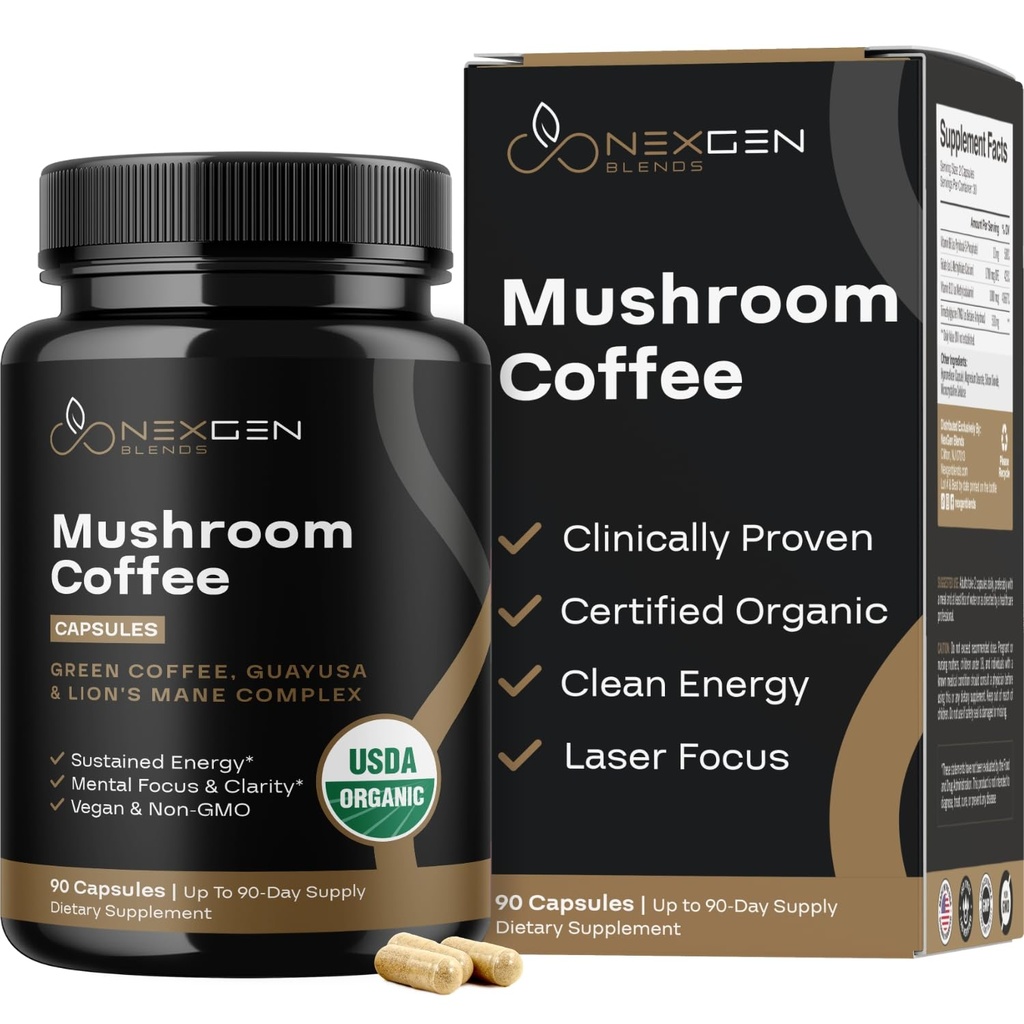 100% Biologische Paddestoelen Koffie Capsules - Natuurlijke Energie Supplement met 130mg Cafeïne van klinisch bewezen Gepatenteerde Green Coffee Bean & Guayusa Extracten voor Jitter-Free Energy & Focus (90 porties)