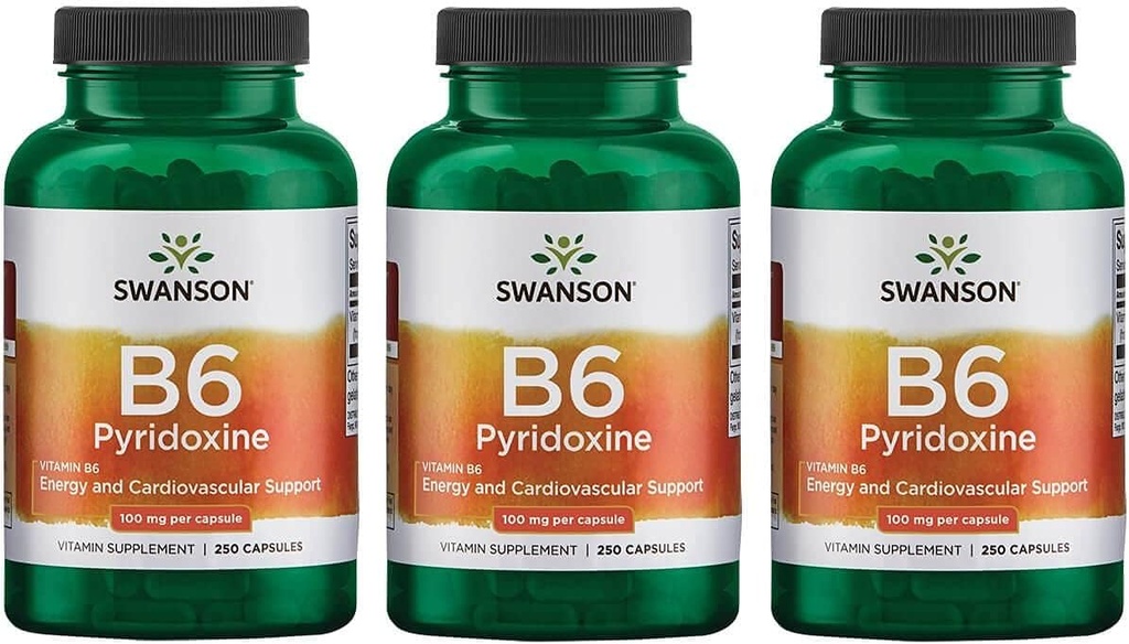 Swanson B6 Pyridoxine - Vitaminesupplement ter bevordering van cardiovasculaire gezondheid en energie Metabolisme - Natuurlijke formule ter bevordering van algehele wellness - (250 capsules, 100 mg elk) 3 verpakkingen