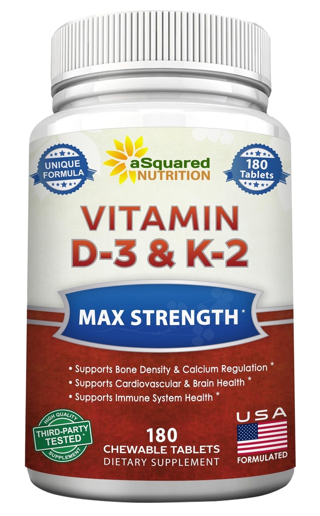 aSquared Nutrition Vitamin D3 with K2 Supplement-180 Chewable Tablets, Max Strength D-3 Cholecalciferol & K-2 MK7 to Support Healthy Bones, Teeth, Heart -Antioxidant D3 & K2 MK-7 Energy Formula Adults