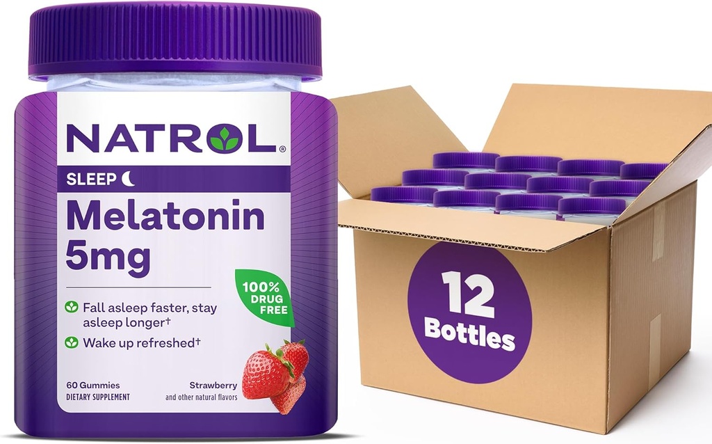 Natrol 5mg Melatonine Gummies, Slaap Ondersteuning voor Volwassenen, Melatonine Supplementen voor Slapen, 60 Aardbei-Gearomatiseerde Gummies, 30 Day Supply (pakket van 12)
