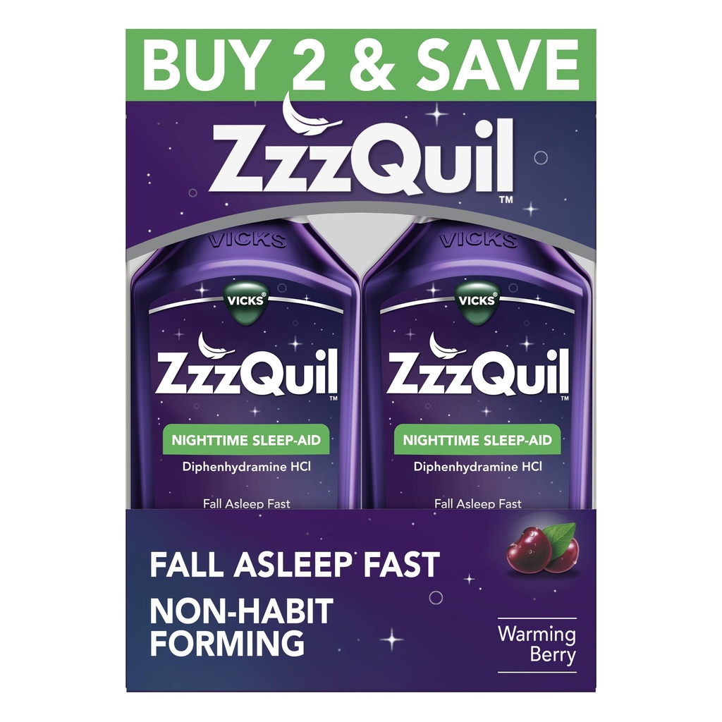ZzzQuil, Sleep Aid, Nighttime Sleep Aid Liquid, 50 mg Diphenhydramine HCl, Fall Asleep Fast, Non-Habit Forming, Warming Berry Flavor, 12 FL OZ (Pack of 2)