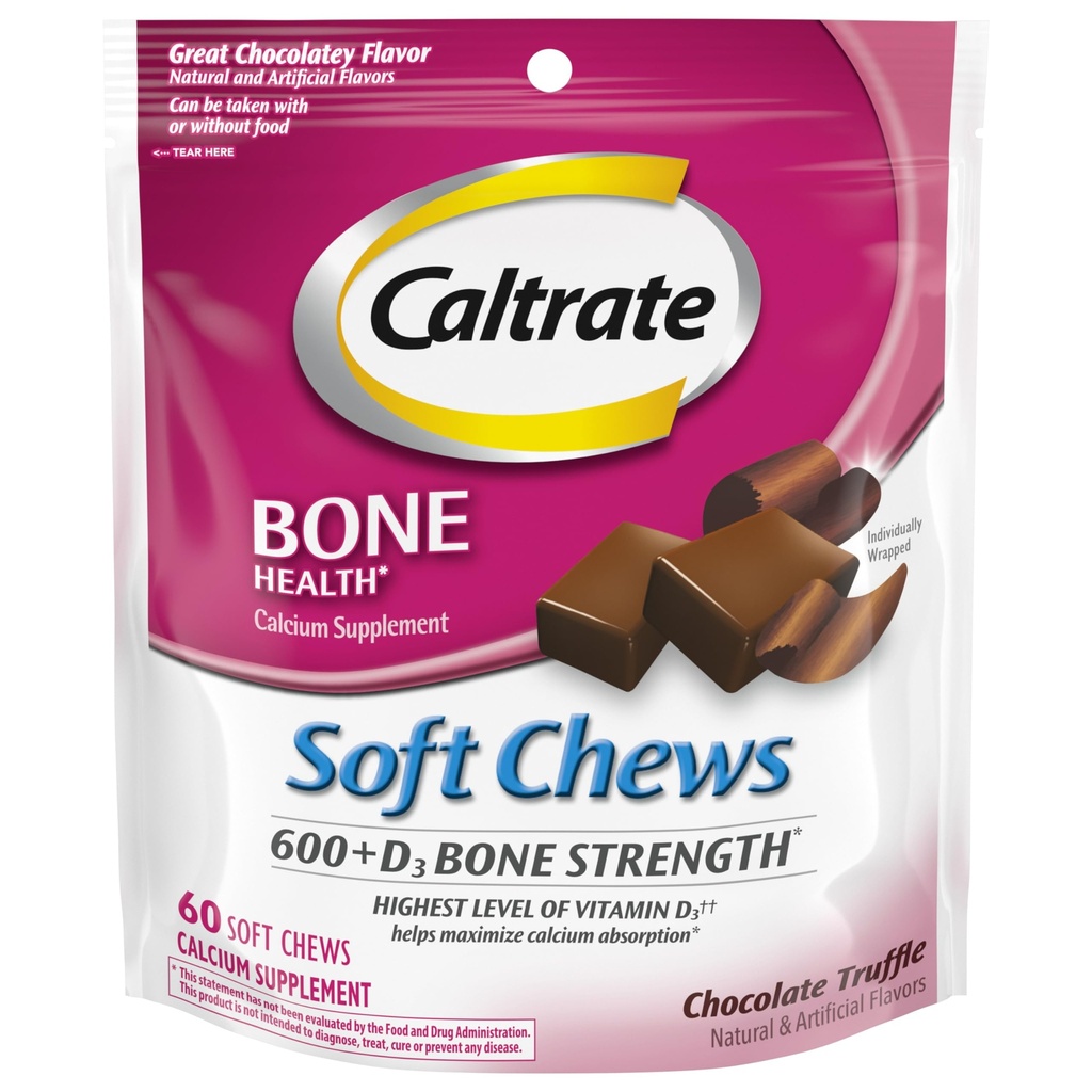 Caltrate Zachte Kauwen 600 Plus D3 Calcium Vitamine D Supplement, Chocolade Truffel - 60 Tellen(Verpakking mei Vary)