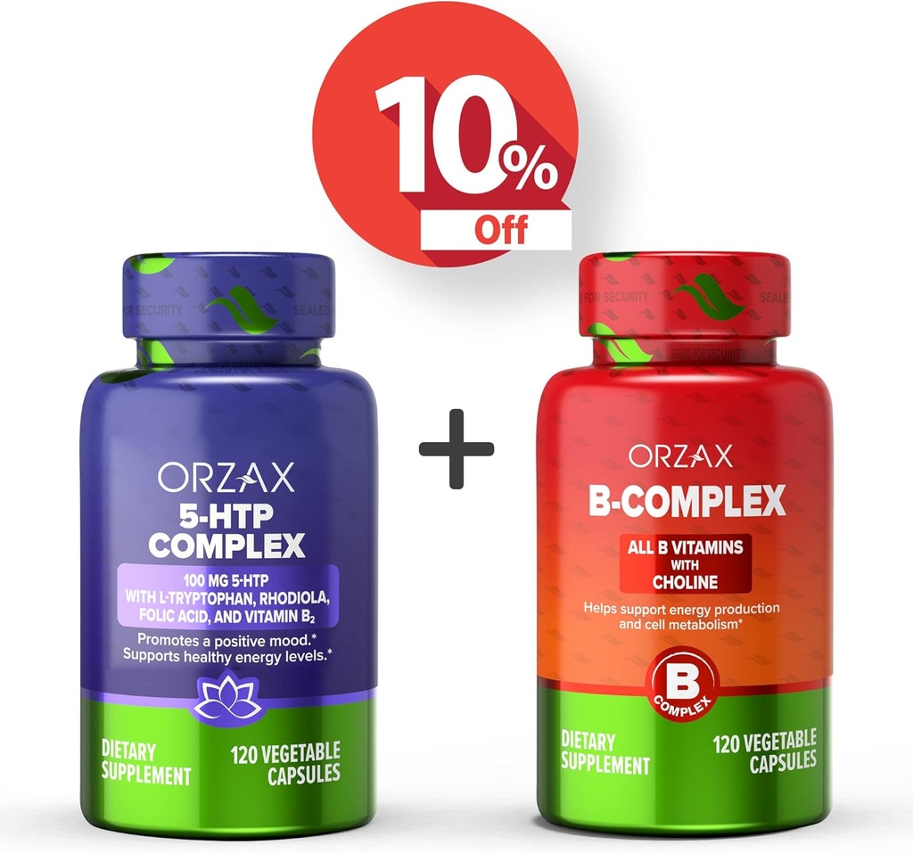 ORZAX 5 HTP Complex 100 Mg 120 Vegatable Capsules and Vitamin B Complex, B Vitamines with Choline & Inositol 120 Capsules, Bundel