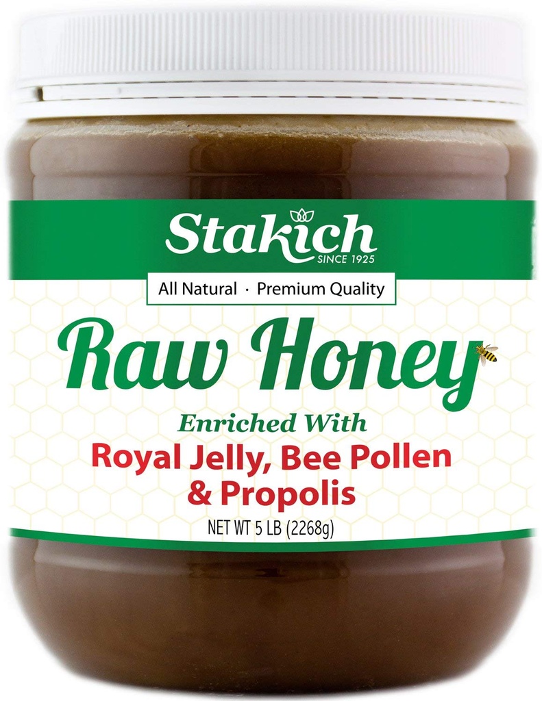 Stakich Royal Jelly, Bee Pollen, Propolis Enriched Raw Honing - Pure, Onbewerkt, Onverhit - 5 Pond (80 Ounce)