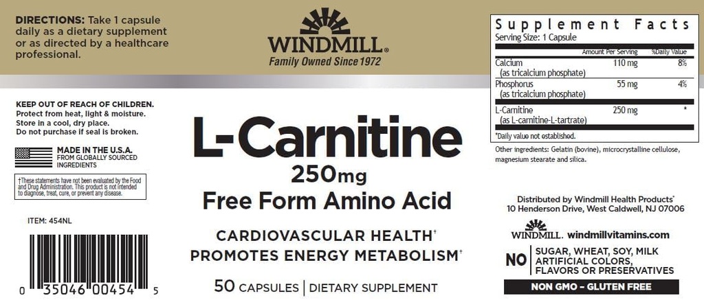 Windmolen L-Carnitine 250 mg Capsules 50 Tel (3 Verpakking)
