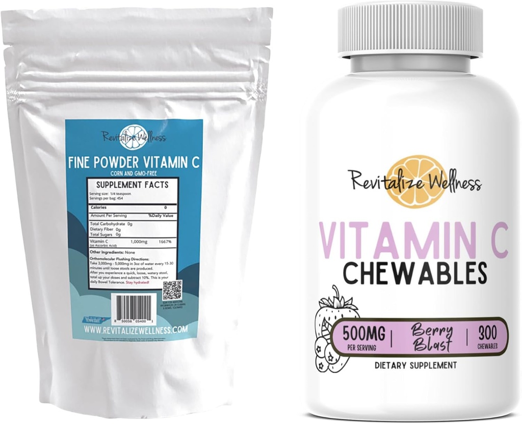 Bundel Fine Powder Vitamin C, 454 porties, en vitamine C kauwtabletten (Berry Blast), 60 porties