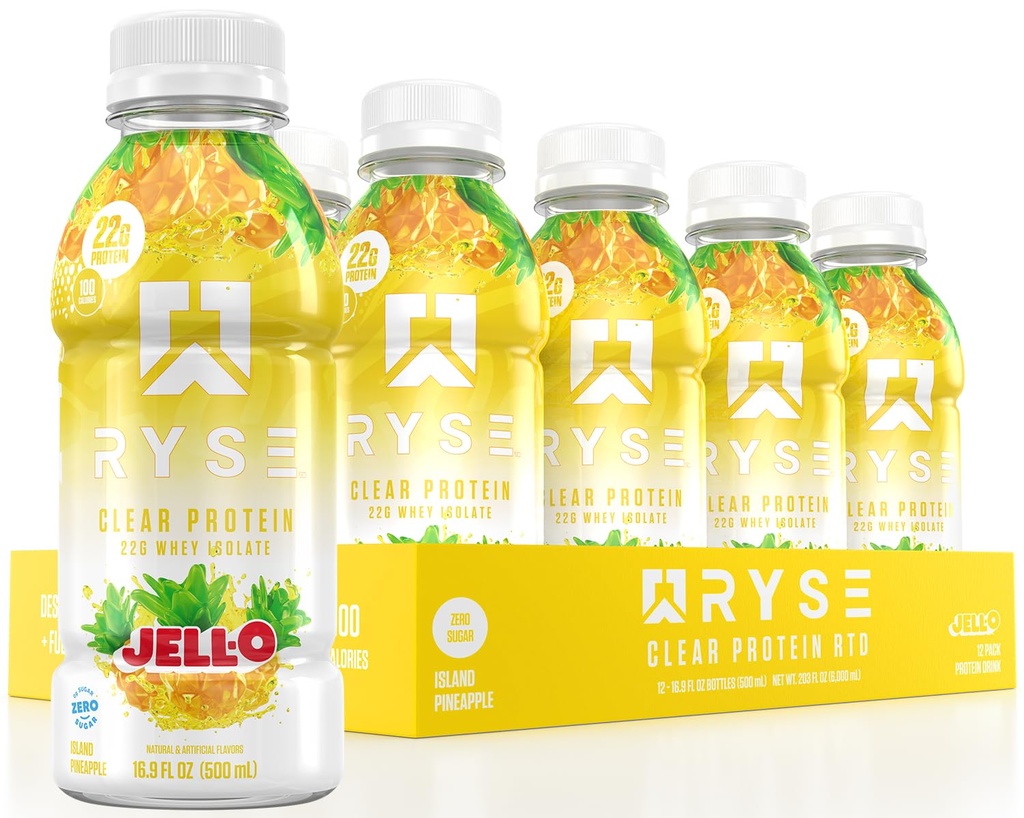 RYSE Clear Proteine Drink - Jell-O Island Ananas - 100 Calorieën, 22g Wei Isolaat Proteïne Shake, Sugar-Free, 0g Vet & Lactose-Free - Verfrissende Ready-to-Drink Drank Drank - 16,9 floz Flessen (12-pack)