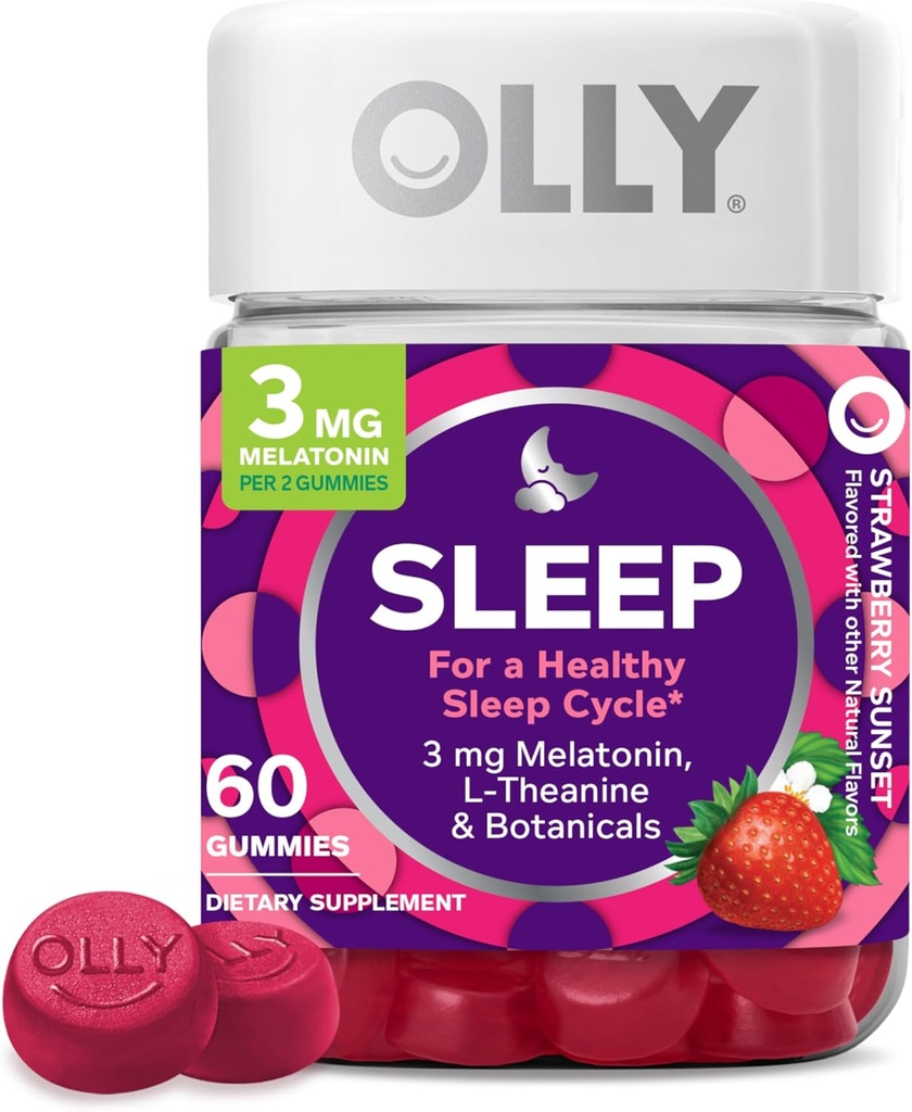OLLY Sleep Gummy, 3 mg Melatonine, L-Theanine, Kamille, Lemon Balm, Slaaphulp, Aardbei, 60 Tellen