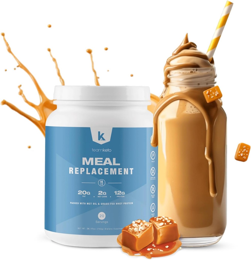 TeamKeto Maaltijd Vervangingspoeder Glutenvrij Bevat MCT poeder, kokosolie, grasgevoed wei-eiwitpoeder & 100% natuurlijke smaken voor Boost Ketosis- Low Carbs & Energy Boost- 742g- Gezouten Karamel