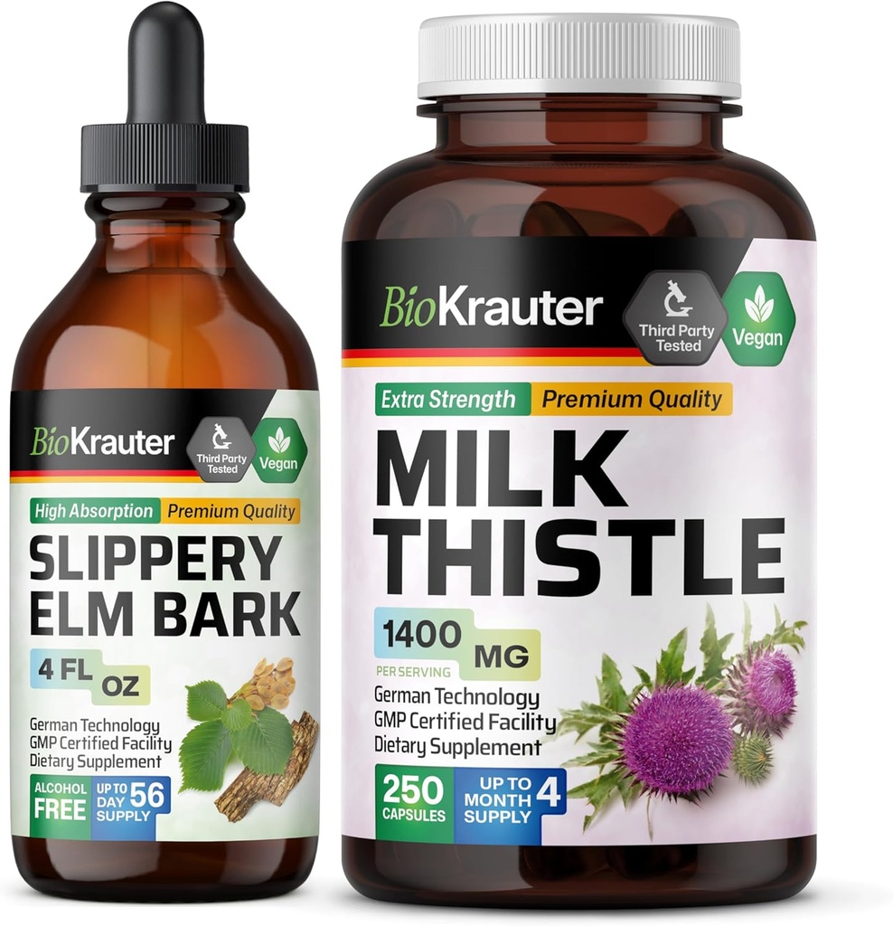 BIO KRAUTER Gladde Elm Tinctuur 4 Fl. Oz. & Milk Thistle 250 Capsules