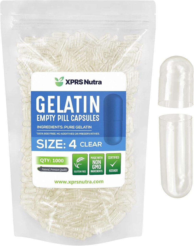 XPRS Nutra Maat 4 Lege Capsules - 1000 Tel Kleine Heldere Lege Gelatine Capsules - Pillen DIY Capsule vullen - Vulbare Pure Bovine Pill Gel Caps voor Do-It-Yourself Supplementen