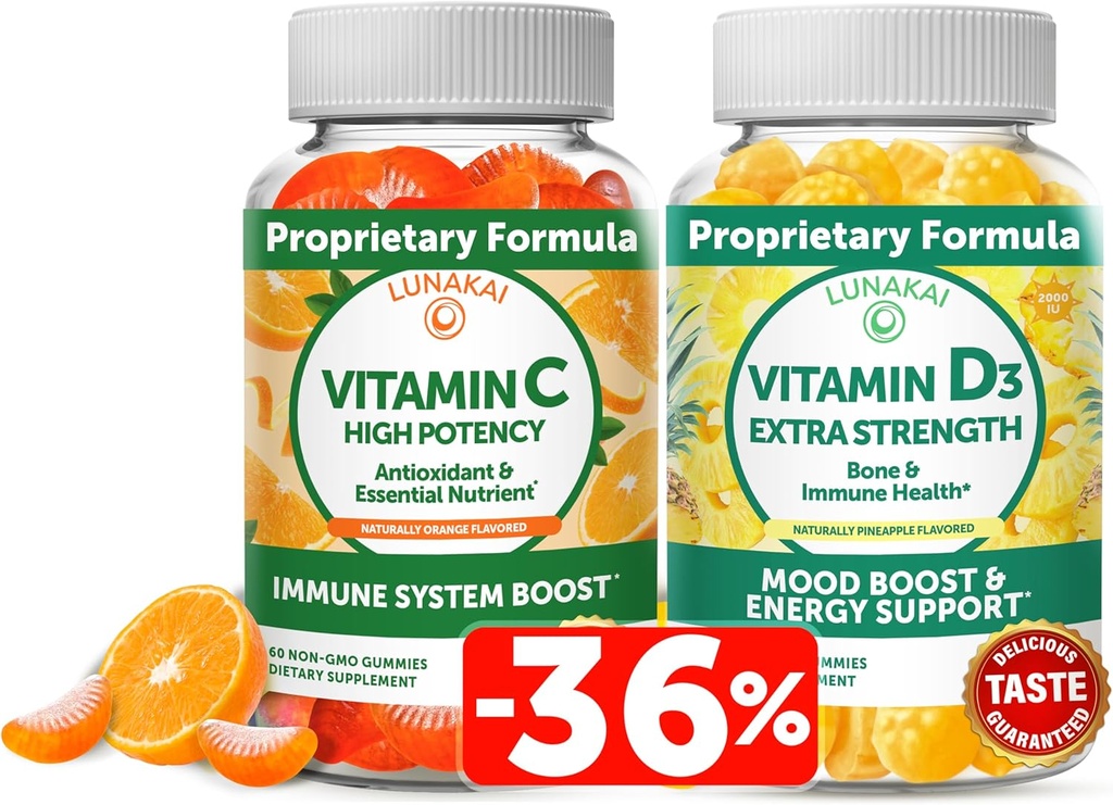 Lunakai Vitamin C and Vitamin D3 Gummies Bundle - 300mg Organic, Non-GMO, Vegan Chewable Gummy - Immunity, Bone and Mood Support Supplement for Adults