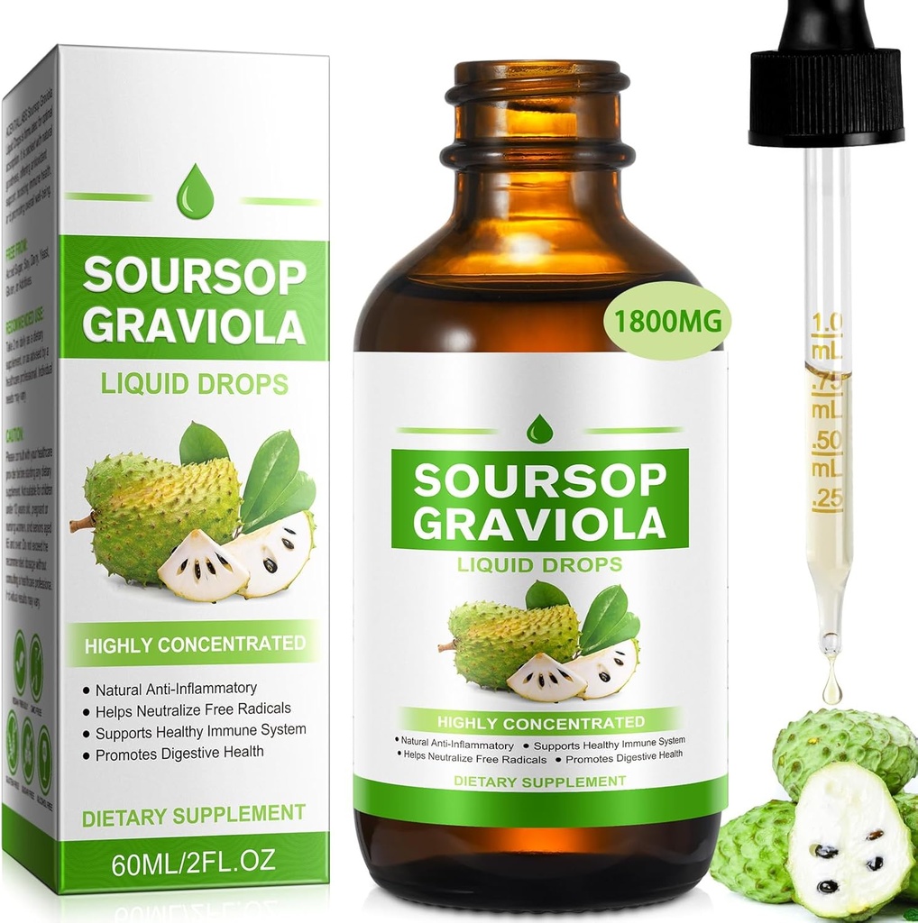 Soursop Graviola Liquid Drop Organic 1800 mg, Natural Sourop Bitters Liquid Leaf Extract voor celondersteuning,Goed leven & Aanbod Antioxidant Ondersteuning, Herbal Goodness, Boosting Immune Health