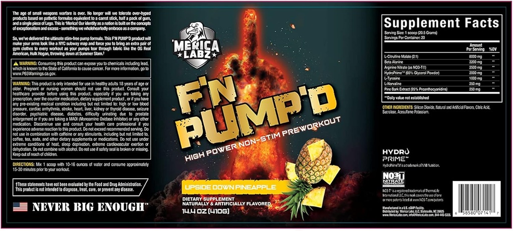 'Merica Labz F'N Pump'D Stimulant Free, Nitric Oxide,Fully Dosed, Pump PreWorkout Powder (20 Servers) (Upside Down Ananas)