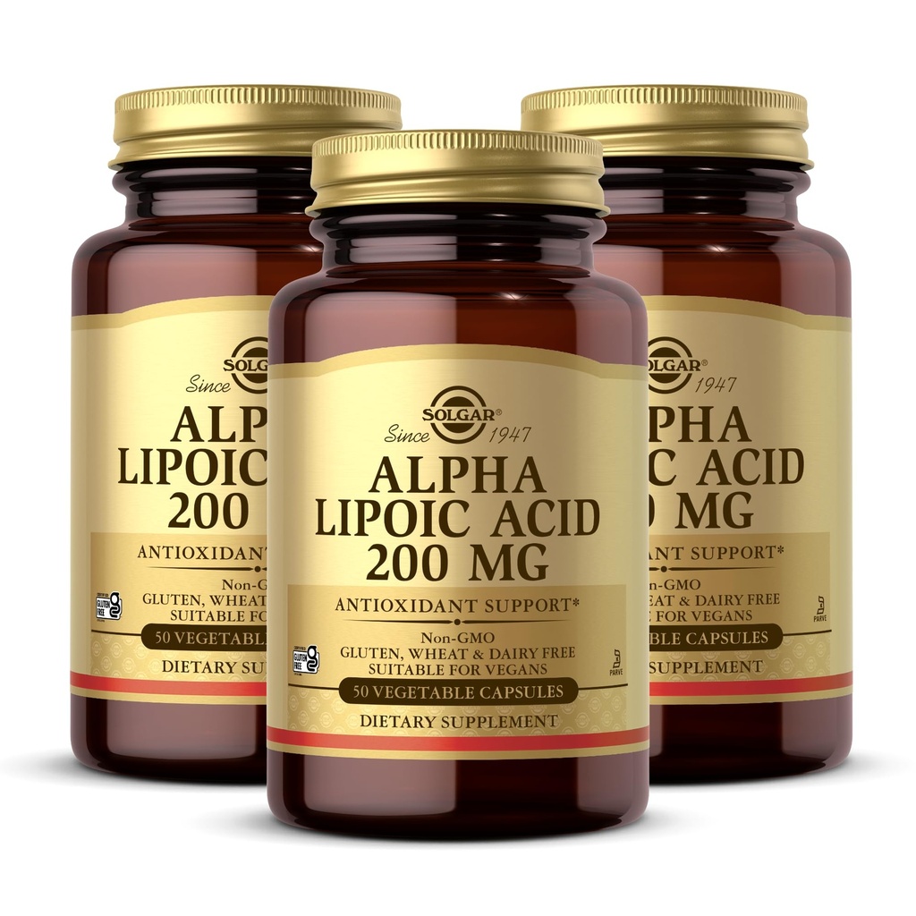 Solgar Alpha Lipoïnezuur 200 mg, 50 plantaardige capsules (verpakking van 3) - Antioxidant ondersteuning - Helpt om Glutathion, Vitamine C & E, CoQ-10 - Non-GMO, Veganist, Glutenvrij, Zuivelvrij, Kosjer - 150 Totaal porties