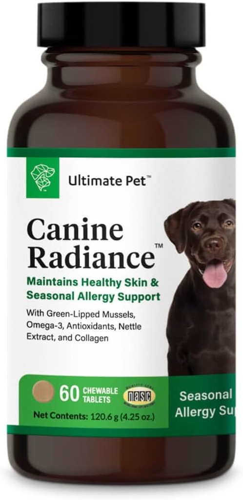 ULTIMATE PET DUTRITIE Canine Radiance Skin Allergy Support Supplement voor honden, Omega-3 huid Hydratatie, Antioxidanten om jeuk te voorkomen en versterken Coat, 60 Kauwtabletten