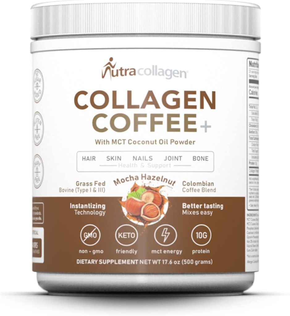 NUTRACOLLAGEN Peptidepoeder met Premium Colombiaanse koffie; Grass-Fed; Keto vriendelijk, MCT Kokosoliepoeder, Sojavrij, Glutenvrij, Suikervrij, 40mg Cafeïne/SVG; Mocha Hazelnut 25 Servers