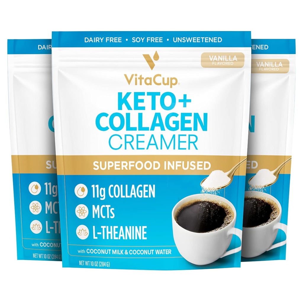 VitaCup Keto + Collageen Koffie Creamer Vanille Smaak w/MCT, Collageen Proteïne, Kokoswater, L-Theanine voor Keto Dieet, Koffie, Smoothies, & Shakes, Dairy-Free, Gluten-Free, Soy-Free, 3 zakken,10oz elk