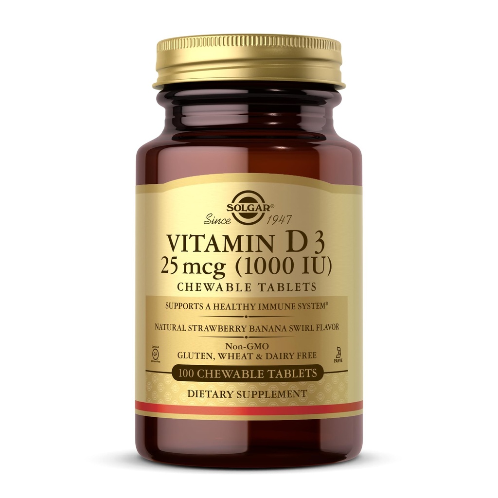 Solgar Vitamine D3 (Cholecalciferol) 25 mcg (1000 IE), Natural Strawberry Banana Swirl - 100 Kauwtabletten - Non-GMO, Kosher - 100 porties