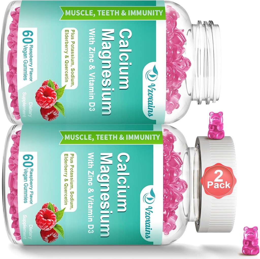 Hoge Absorptie Calcium Magnesium Zink Gummies met Magnesium Glycinate 400mg, Suikervrij Calcium Magnesium Supplement voor Bot & tanden sterkte, Spierfunctie - Veganist, 120 Tel.
