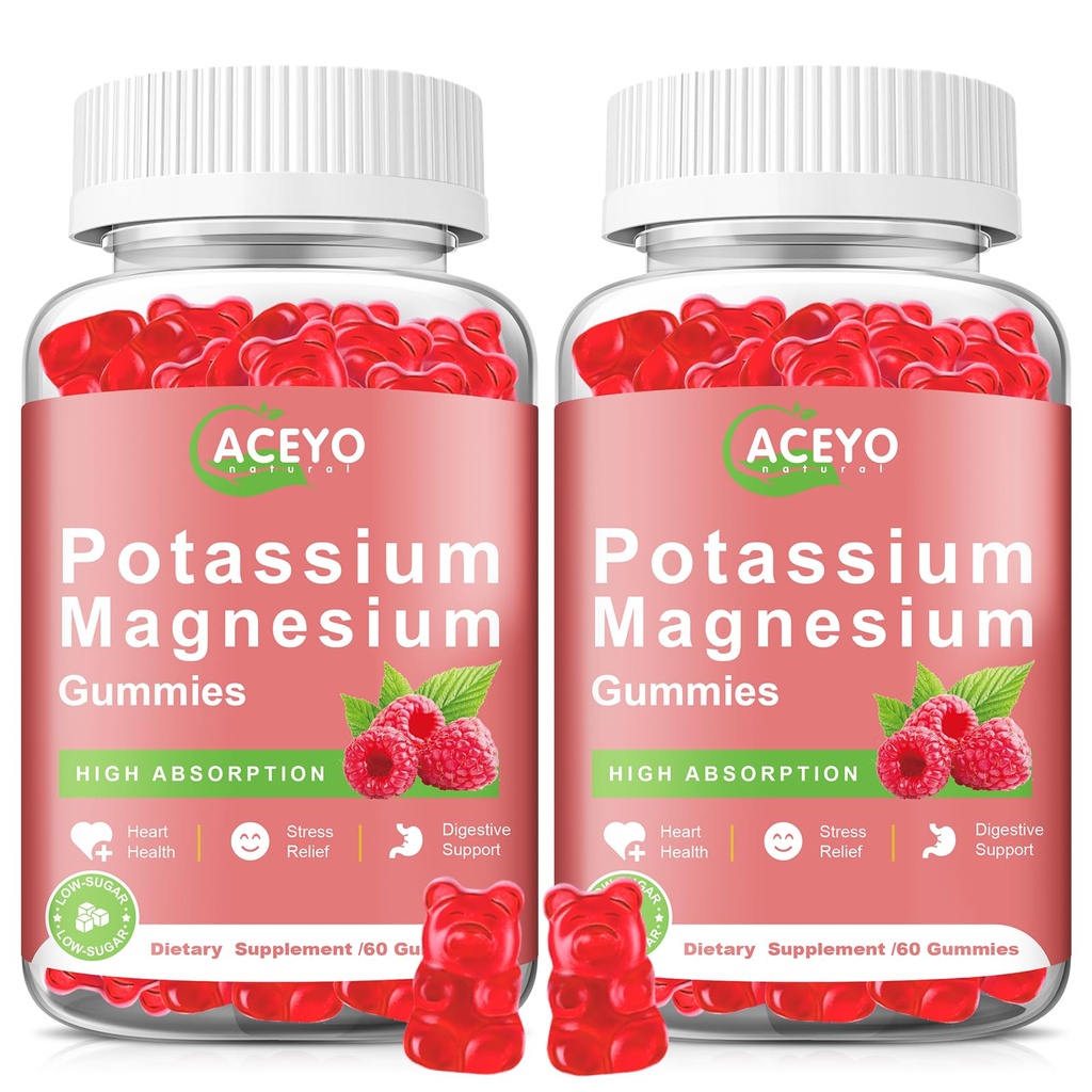 2 Pack Kalium Magnesium Gummies voor volwassen kinderen Hoge Absorptie Been Kramen & Spier & Hart Gezondheid Immune Gezondheid Raspberry Magnesium Gummies Kauwbare Gummy Supplement Vegan Non-GMO