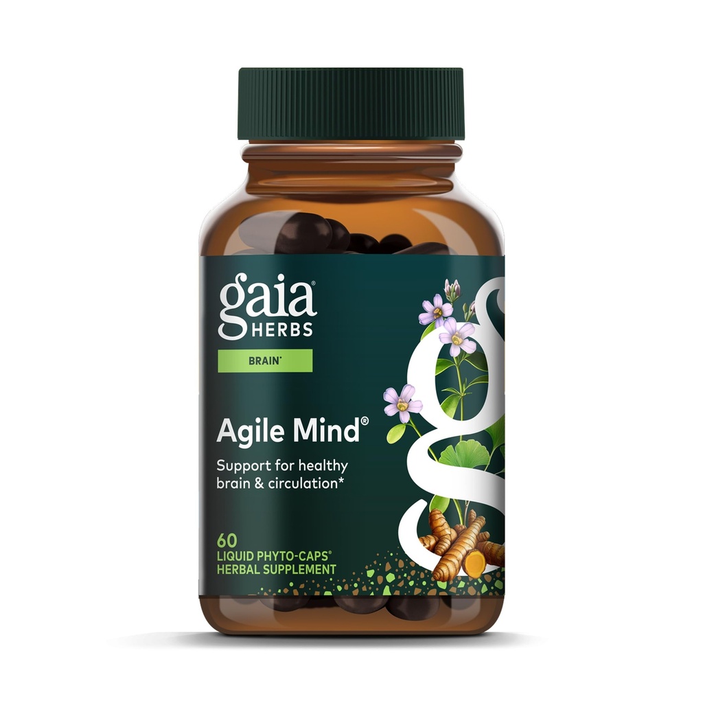 Gaia Kruiden Agile Mind - Hersen & Cognitive Support Kruidensupplementen - met biologische Kurkumawortel, Bacopa, zwarte peper en Ginkgo Biloba - 60 Vegan vloeibare Phyto-capsules (30 dagen)