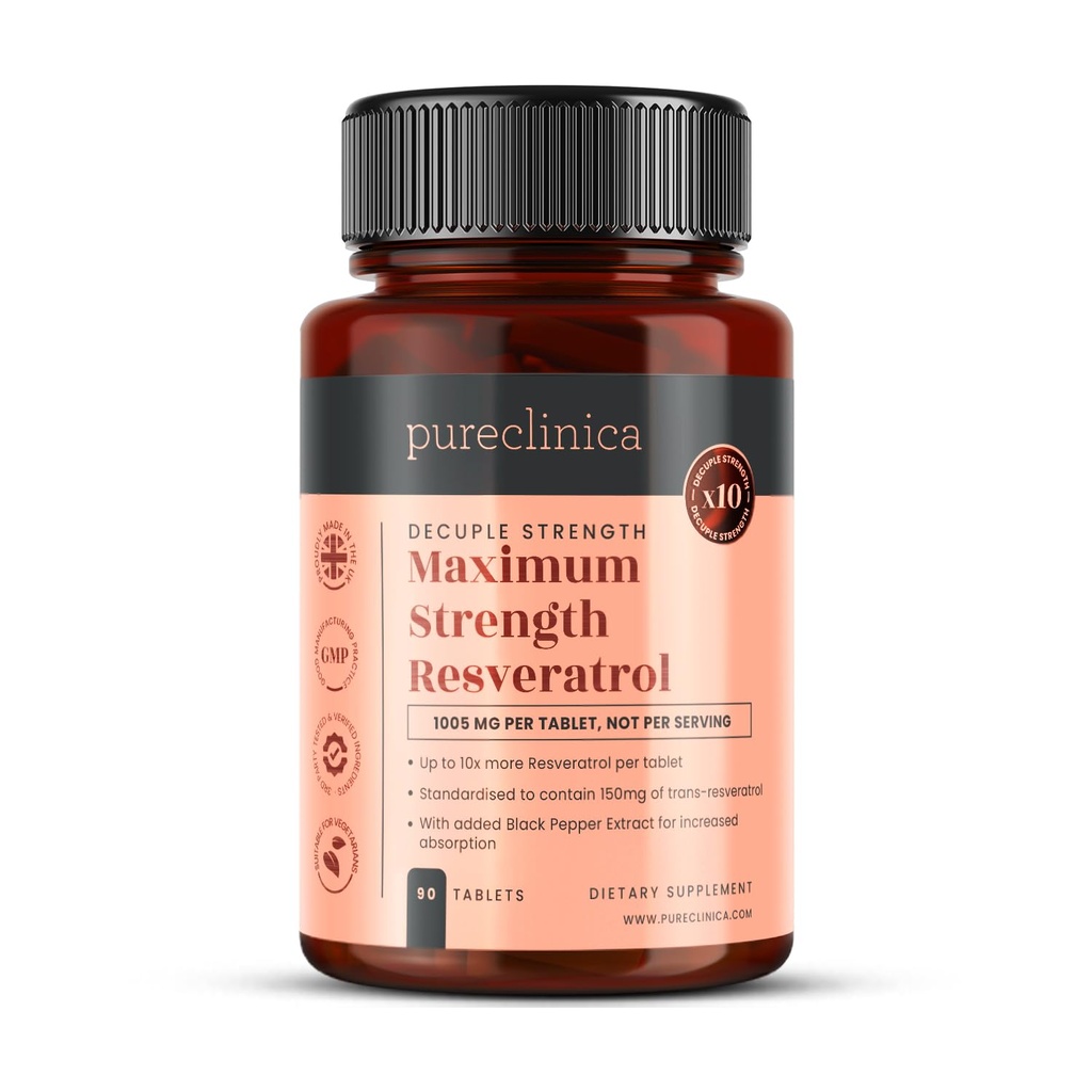 pureclinica 1000mg Resveratrol x 90 tabletten (3 maanden levering). 10 x Sterkte met Black Pepper Extract voor snellere absorptie
