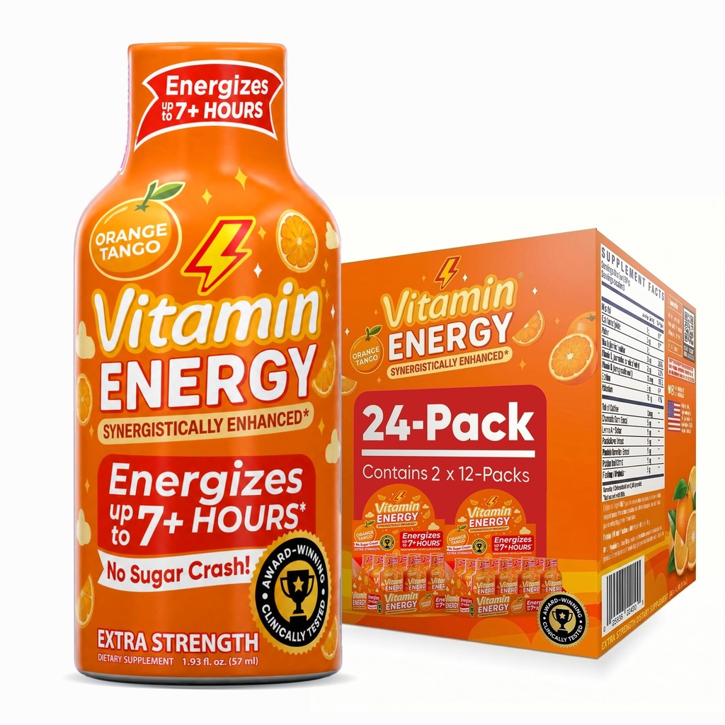 Vitamine Energie Immune+ Extra sterkte Energie Shot Orange Burst 24 Pack, 260mg Natural Cafeine, B-Vitamins, Citicoline, Green Tea, Immunity & Focus Support, Zero Sugar, Gluten-Free 1,93 fl oz