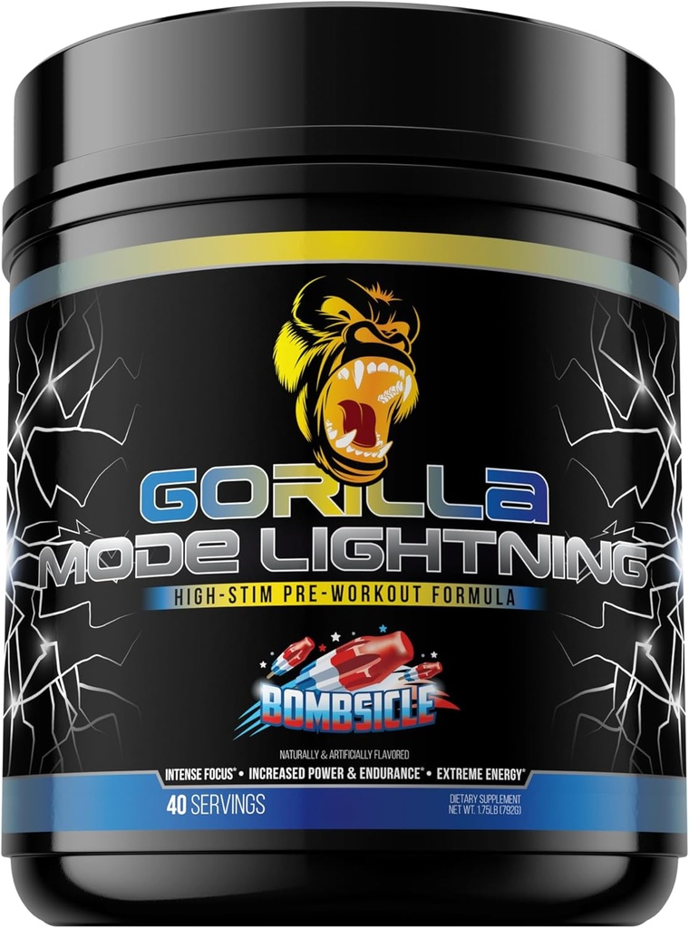 Gorilla-modus Lightning Pre-Workout - Extreme energie · Laser Focus · Krachtige pompen · Peak Performance - 550mg Cafeïne, 13500mg L-tyrosine, Alpha-GPC