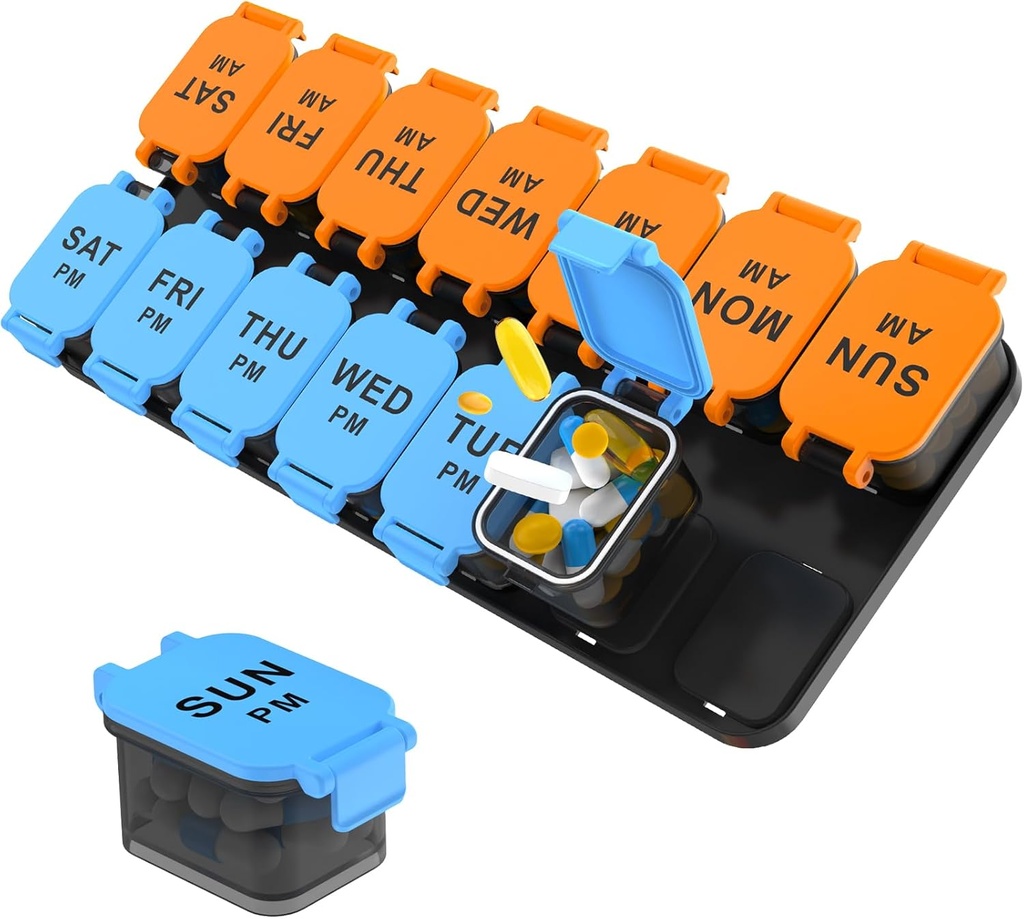 Grote 7 dagen pil Organisator, XL AM PM Twee keer een dag medicijn opslag doos, grote 2 weken pil houder voor pillen, vitamines en supplementen, reis pil geval voor medicatie (blauw + oranje)