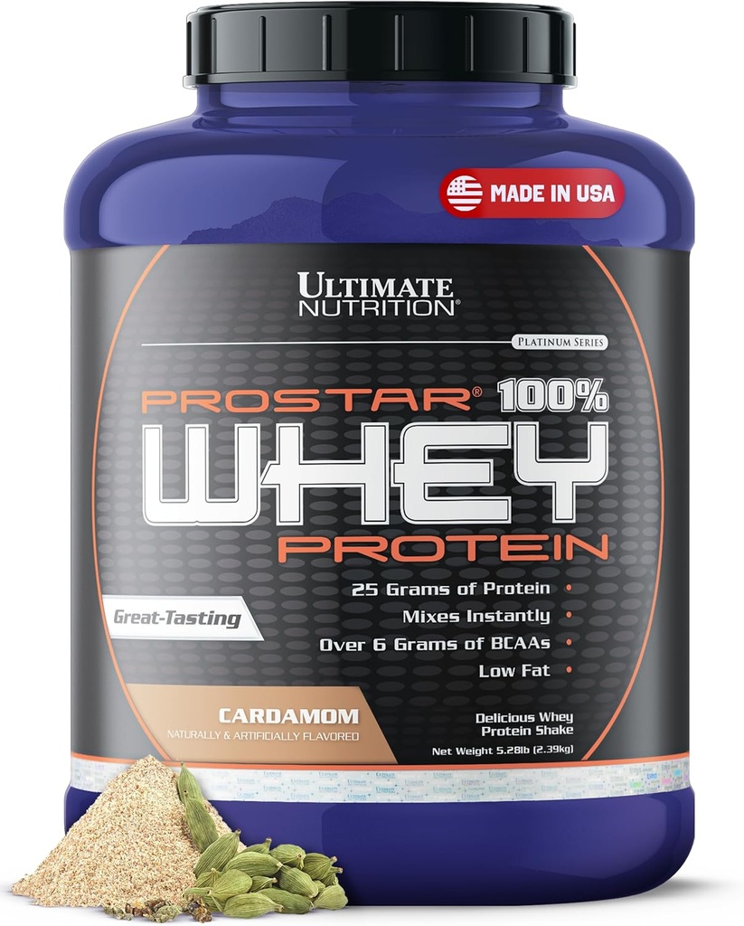 Ultimate Nutrition Prostar Whey Protein Powder Isolate, Cardamon - Low Carb, High Protein Powder Shake for Muscle Gain & Recovery - Low Sodium, Low-Fat & Keto Friendly - 5,28 lbs Tub