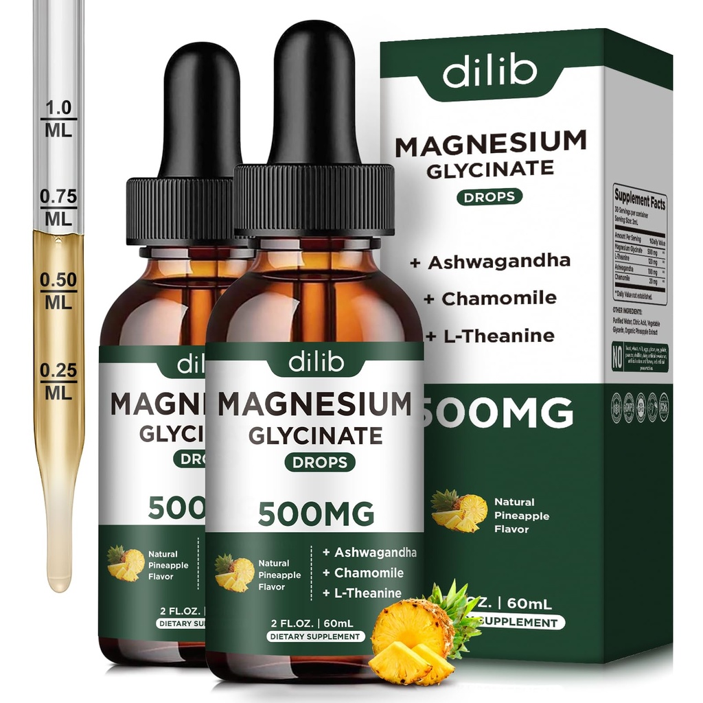 (2 Pack) Magnesium Glycinate Supplement, Magnesium Liquid Drops with Magnesium Glycinate 500mg Ashwagandha, L - Theanine, Chamomile -Supports Optimal Calm Sleep Vegan