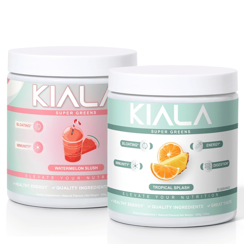 Kiala Nutrition Super Greens, Organic Greens Powder, Spirulina & Chlorella Superfood Powder, Sugar & Gluten Free Vegan, Spectra Blend, Watermeloen & Tropical Slush 2 Pack