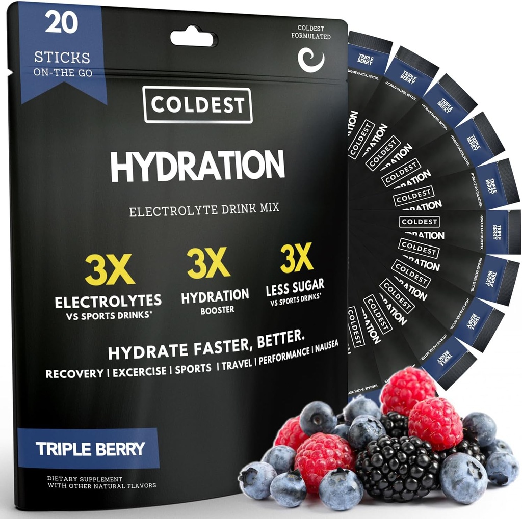 Koudste hydratatie - Elektrolyten Poeder Paketten - Niet GGO & Geen kunstmatige suiker - Electrolyte Drink Mix - Gemakkelijk Open Enkel serverende Stick Drop in Water - 20 Sticks per Pack (Triple Berry)