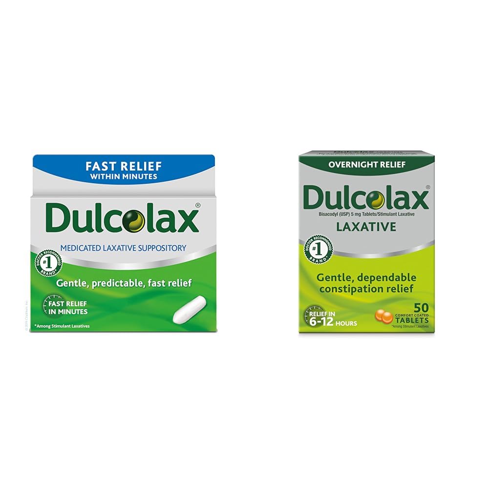 Dulcolax Fast Relief Medicated Laxative Suptinitories Fast Relief, Rectal Use Only, Bisacodyl, 10 mg & Overnight Relief Laxative for Gentle Constipatie Relief, Bisacodyl 5 mg Tablets, 50 Tel.