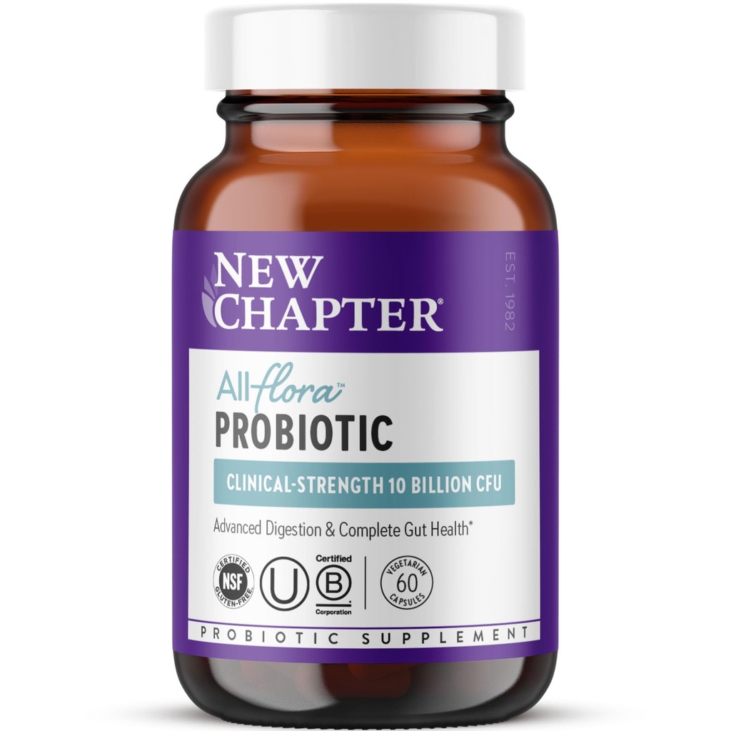 New Chapter All-Flora Probiotic for Advanced Digestion & Complete Gut Health with Prebiotics + Postbiotics, Clinical-Strength Strains, 100% Vegetarian, Non-GMO, Shelf Stable - 60 ct (2 Month Supply)